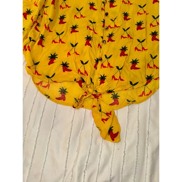 Anthropologie Button Down Front Tie Blouse Yellow Women’s 2 Festival Boho Fruit - Picture 9 of 16